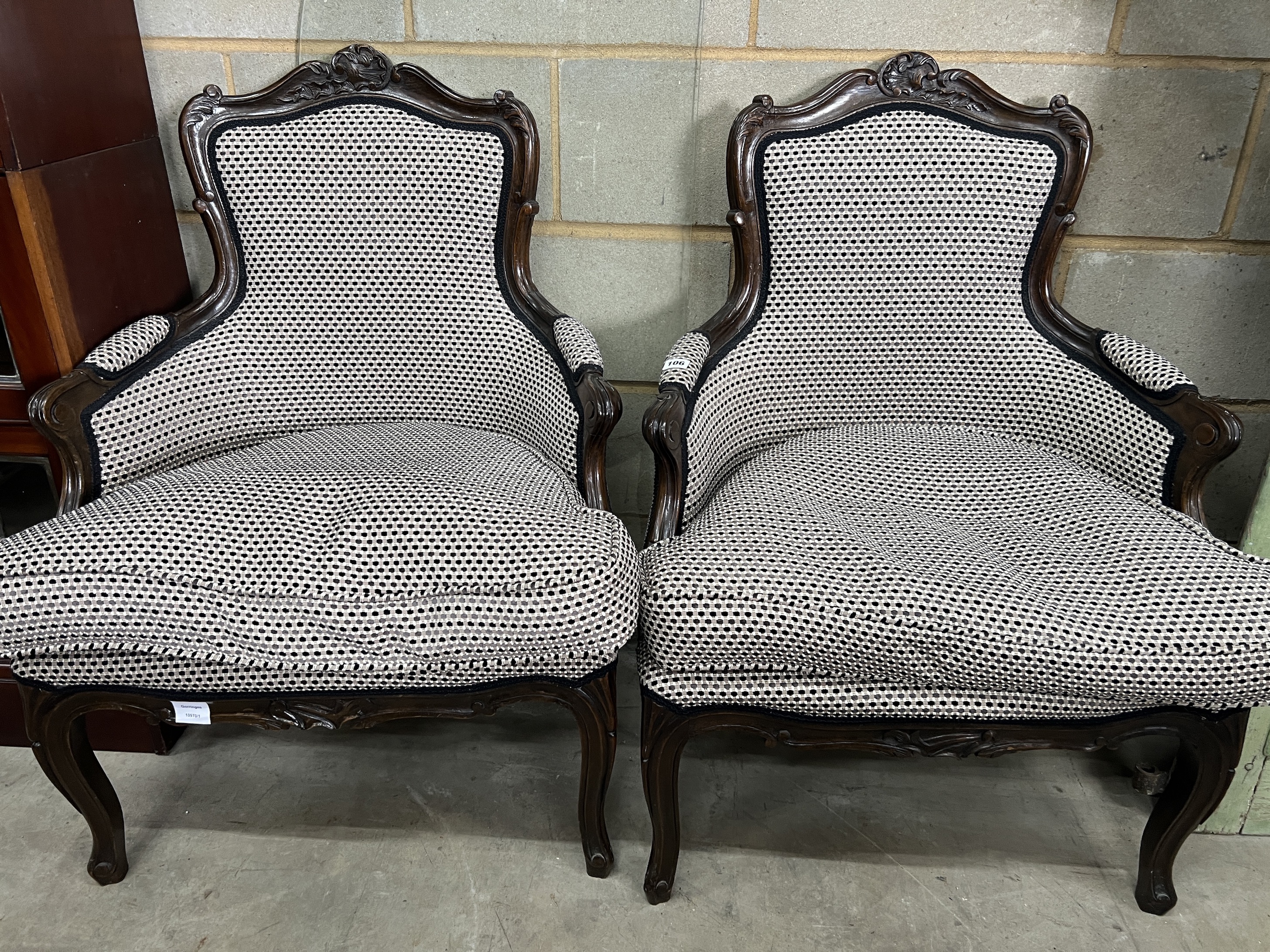 A pair of French fauteuils, width 66cm, depth 57cm, height 92cm